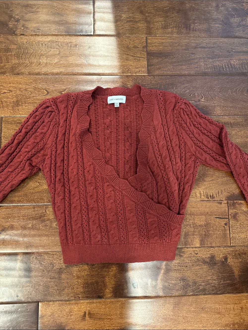 Lost + Wander Rust Cable V-Neck Wrap Sweater